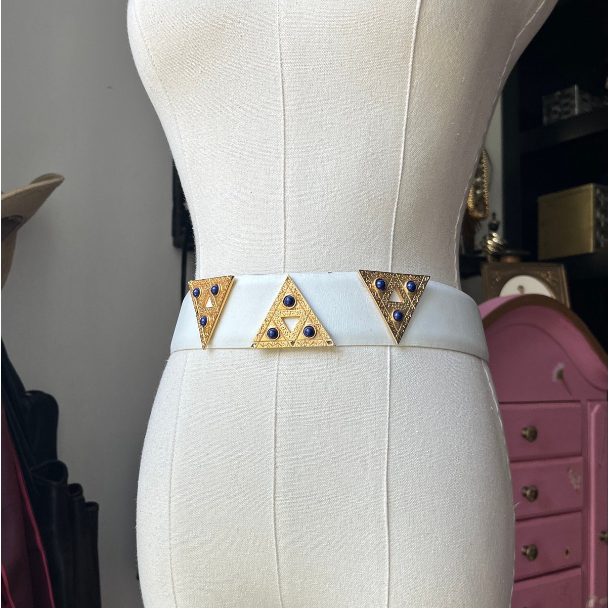 Vintage 80s Bob Mackie Leather Belt | White Gold Triangle Statement | 2931”